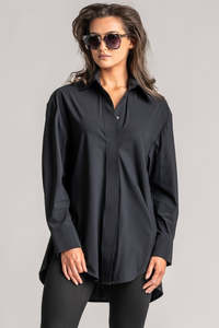 PAULA RYAN High Collar Boyfriend Shirt - Microjersey Black