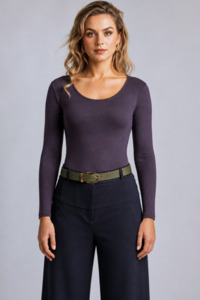 Tops: PAULA RYAN Slim Fit Scoop Neck Top - Merino Cocoa Plum
