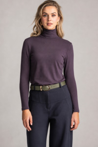 Tops: PAULA RYAN Easy Fit Polo Neck Top - Merino Cocoa plum