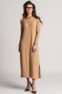 PAULA RYAN V Neck Sheath Dress - Camel Merino