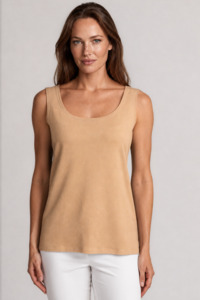 Tops: PAULA RYAN Easy Fit Singlet - Camel Merino