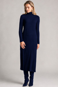 PAULA RYAN Easy Fit Polo Neck Sheath Dress - Navy Merino