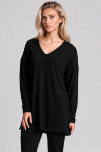 Tops: PAULA RYAN Relaxed V-Neck Tunic - Black Merino
