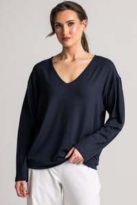Tops: PAULA RYAN Relaxed V-Neck Top - Navy Merino