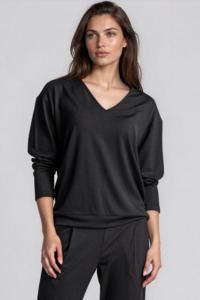 PAULA RYAN Relaxed V-Neck Top - Black Merino