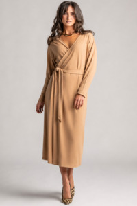 Dresses: PAULA RYAN Wrap Dress - Camel Merino