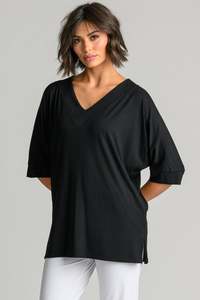 PAULA RYAN Long V Neck Relaxed Top - Black EcoVero