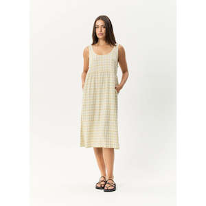 AFENDS POSITION SEERSUCKER CHECK MIDI DRESS - TAN CHECK