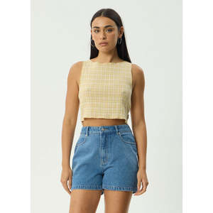 Afends: AFENDS SUNDAY SEERSUCKER SLEEVELESS TOP - LEMON CHECK