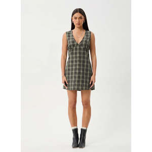 AFENDS JONAH MINI DRESS - DEEP OLIVE CHECK