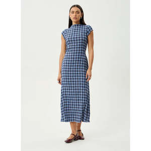AFENDS MOUNTAINS ELODIE SEERSUCKER MIDI DRESS - NAVY RED CHECK