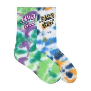 SANTA CRUZ STACK STRIP YOUTH CREW SOCKS 2 PACK - BLUE TIEDYE/LIGHT GREEN TIEDYE