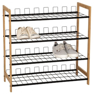 Bedroom Accessories: Shoe Rack, 4 Tier, Bamboo Sides and Black Wire Shelves