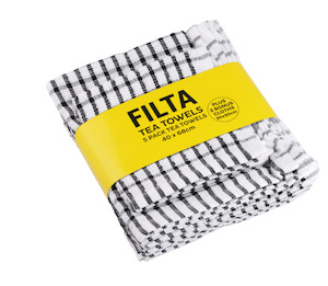 Filta Cotton Tea Towels Black 5Pk Bulk Box of 6