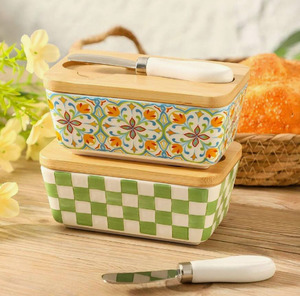 Kitchen: Hand Painted Butter Dish W Bamboo Top