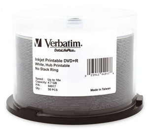 Media: Verbatim DVD+R 4.7GB 16x White Wide Printable 50 Pack on Spindle