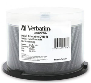 Media: Verbatim DVD-R 4.7GB 16x White Wide Inkjet Printable 50pk on Spindle