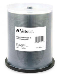 Media: Verbatim CD-R 700MB 52x White Printable 100 Pack on Spindle