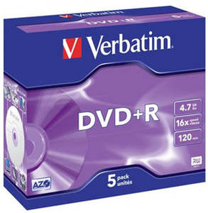 Media: Verbatim DVD+R 4.7GB 16x 5 Pack with Jewel Cases
