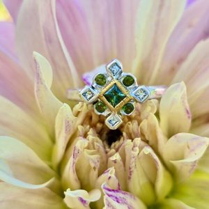 Products: Delphi ring. silver, 24ct gold, unheated green sapphires and D VS princess diamonds - Penelope Barnhill Jewellery