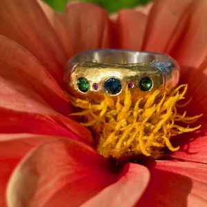 Eclipse ring. silver and 24ct gold with unheated green sapphires and ruby. Size &hellip;