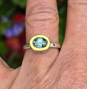 Empress Ring. 10x7mm Brazilian aquamarine, unheated sapphires, silver, 24ct gold&hellip;