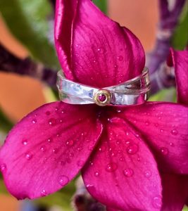 Products: Kimono ring silver and 24ct gold with ruby. Size N band 6mm x 1.5 tapering to 3mm - Penelope Barnhill Jewellery