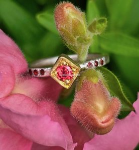 Kite ring. 24ct gold, silver, peach sapphire and six garnets in band. Size L 1/2&hellip;