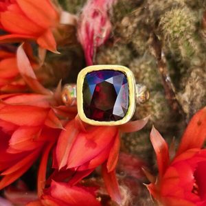 Enchanted garden garnet cushion 12.5x10.5mm, 4.6ct, sapphires and ruby. Silver a&hellip;