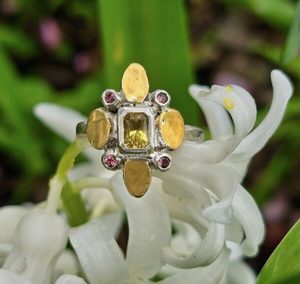 Fleurette ring. radiant cut Sri Lankan 6x4mm yellow sapphire, peach sapphires, s&hellip;