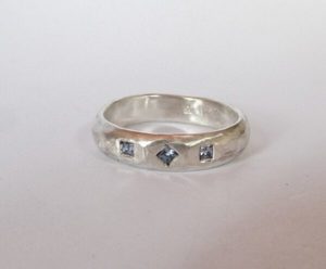 Three princess cut sapphire ring, sterling silver. Size Q - Penelope Barnhill Jewellery