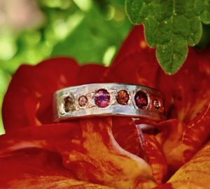 Wide Fire ring. silver, 14ct red gold and seven sapphires. Size S - Penelope Bar&hellip;