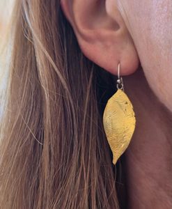 Products: Leaf earrings. 23ct gold leaf on copper - Penelope Barnhill Jewellery