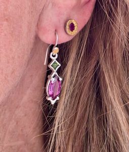 Products: Hera earrings. rhodolite garnet, tourmaline, silver and 24ct gold - Penelope Barnhill Jewellery