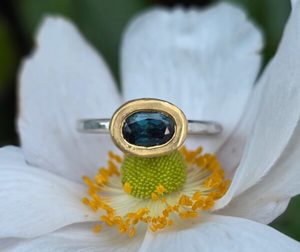 Products: Empress ring. teal green sapphire, silver, 24ct gold with sapphires. Size M - Penelope Barnhill Jewellery