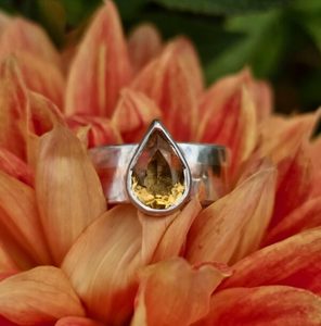 Products: Citrine pear 12x9mm Orbit ring. fine silver and 9ct red gold. Size R - Penelope Barnhill Jewellery