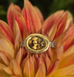 Products: Empress ring. gold zircon and natural gold diamonds in 24ct gold and silver. Size O - Penelope Barnhill Jewellery