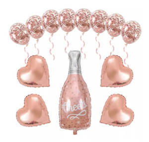 Adult Party Balloons: 13 pcs Rose Gold balloons - featuring Champagne bottle and hearts