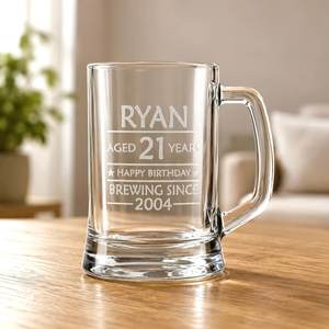 Personalised Beer Glasses: Personalised Glass Beer Mug 21st Birthday Gift