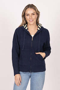 Womens Knitwear: Zip Front Hoodie with Stripe Hood - Navy/Lemon