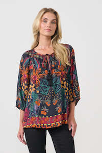 Fashion Tops: Tropical Print & Tie Neck Blouse