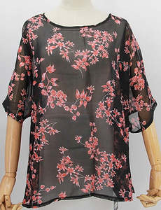 Chiffon Overtop - Black/Red Flowers