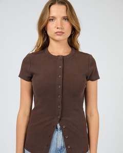 Button Up Short Sleeve Tee - Chocolate