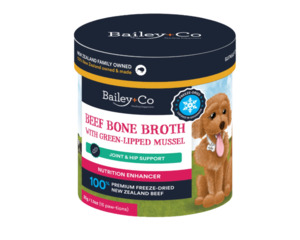 Dog Supplements: Bailey+Co Beef Bone Broth with Green Lipped Mussel Joint & Hip support