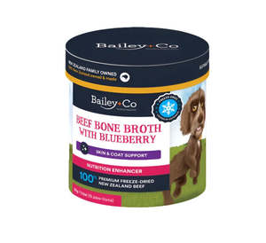 Dog Supplements: Bailey+Co Beef Bone Broth with Blueberry Skin & Coat support