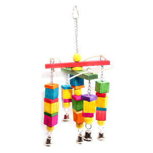 Avi One Leather Rope Coloured Wood Cube With Bells Bird Toy