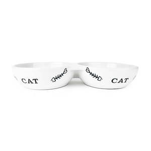 Ceramic Pet Bowls: Cattitude Ceramic Cat Double Bowl Fishbone White