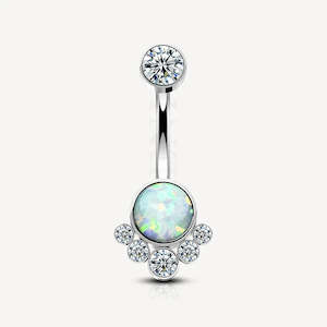 Banana Bars: Titanium Belly Button Piercing Ring With Bezel Opal & CZ Clusters
