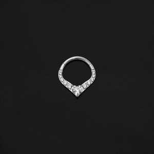 Septum: ASTM F136 Implant Grade Titanium Heart Shevron Paved CZ Hinged Ring Clicker