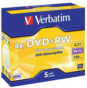 Media: Verbatim DVD+RW 4.7GB 4x 5 Pack with Jewel Cases